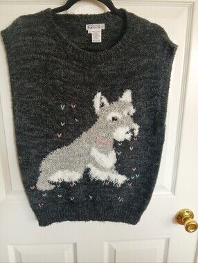 Campus Casuals  Dark Gray Fuzzy Dog Sweater Vest Vintage Preppy Teacher Cottage